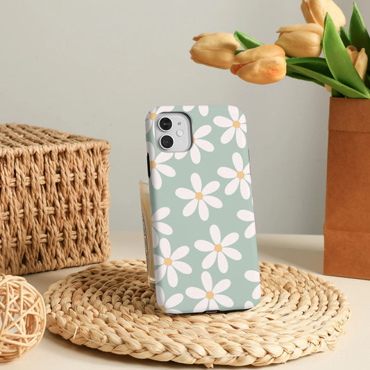 White Daisy Green Phone Case for Iphone 16 15 14 13 12 Pro Max, Iphone 16E, 15 14 Plus, Iphone 13 12 Mini, X XS XR SE, Iphone 11 Tough Cover