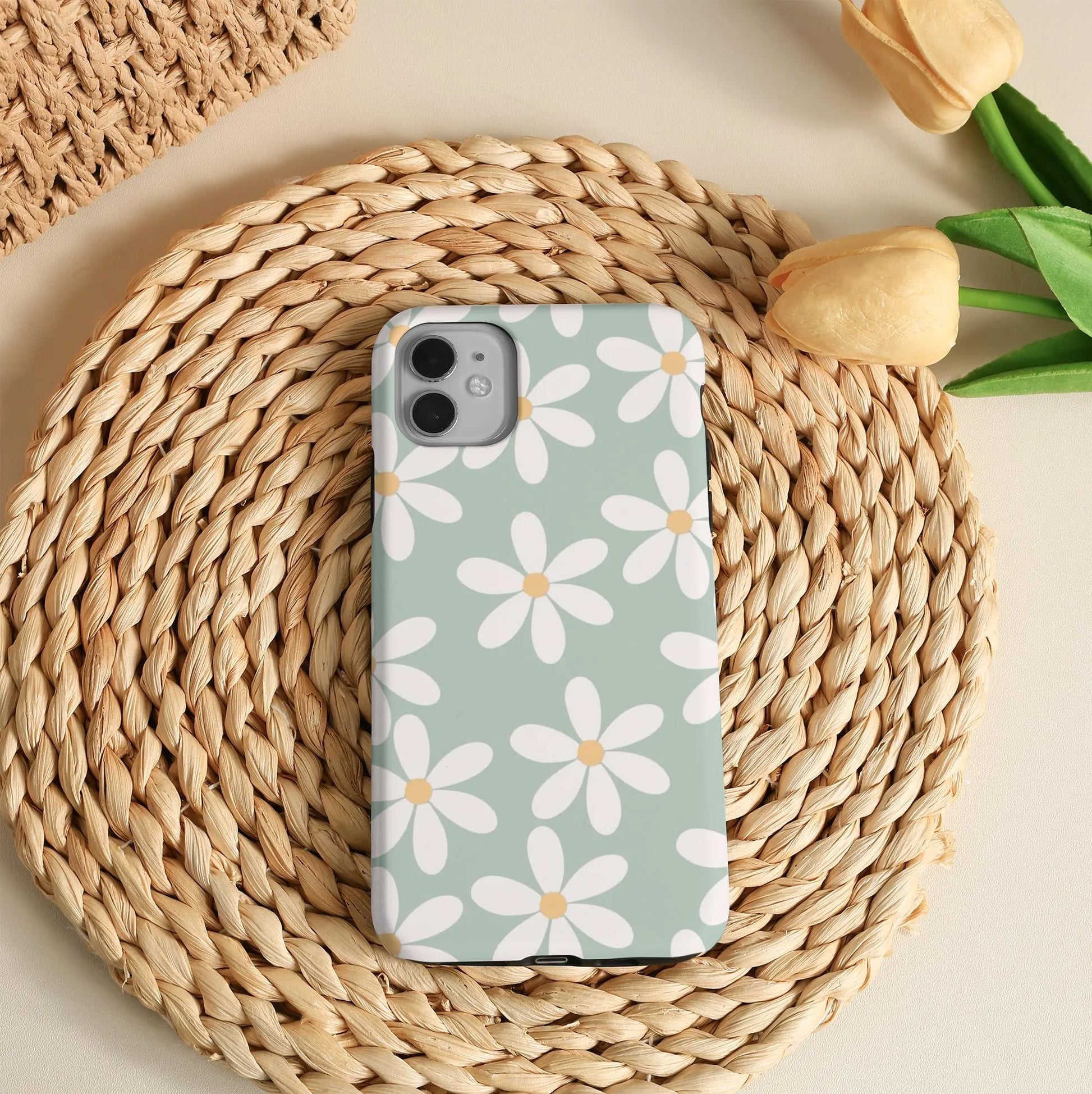 White Daisy Green Phone Case for Iphone 16 15 14 13 12 Pro Max, Iphone 16E, 15 14 Plus, Iphone 13 12 Mini, X XS XR SE, Iphone 11 Tough Cover