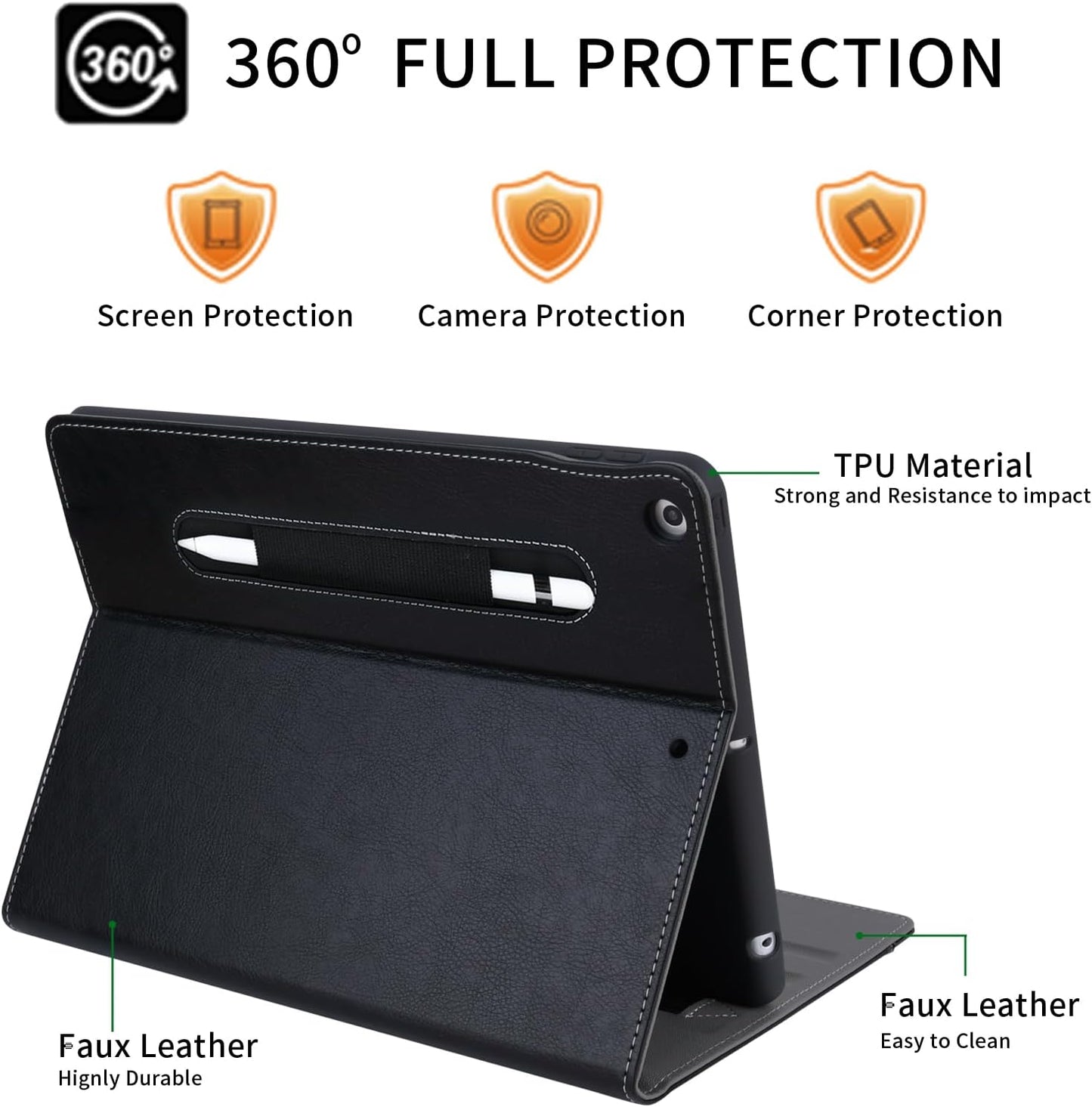 10.2 Inch 7Th / 8Th / 9Th Gen Ipad Case 2021/2020/ 2019, Multiple Angles Viewing Protective Folio with Pencil Holder and Pocket, Auto Sleep/Wake Stitch Cover for Ipad 9 8 7, Black