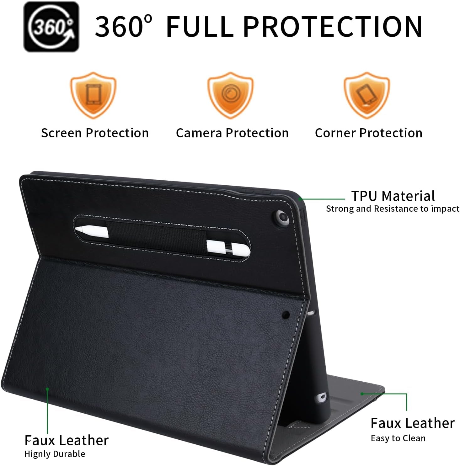 10.2 Inch 7Th / 8Th / 9Th Gen Ipad Case 2021/2020/ 2019, Multiple Angles Viewing Protective Folio with Pencil Holder and Pocket, Auto Sleep/Wake Stitch Cover for Ipad 9 8 7, Black