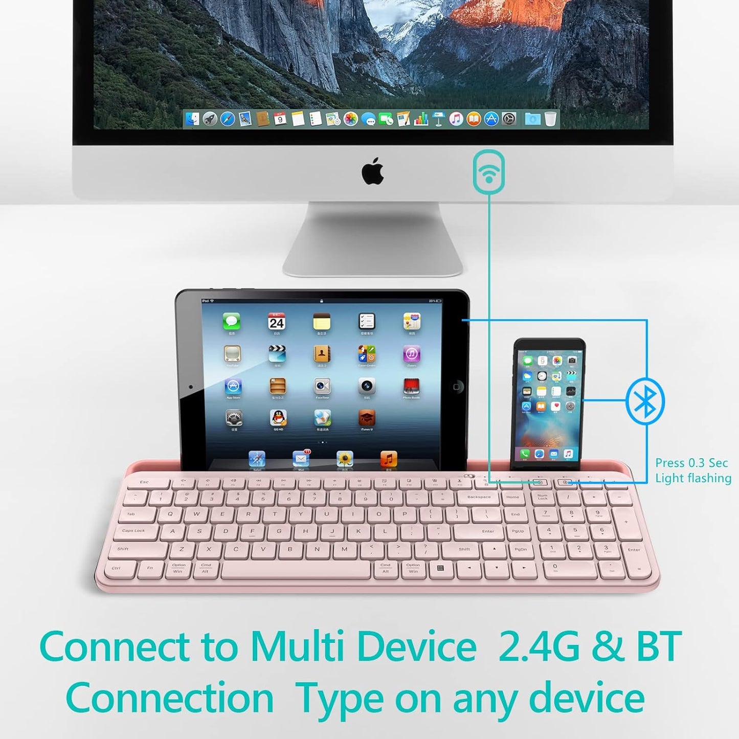Bluetooth Wireless Keyboard,Bluetooth Keyboard for Ipad Wireless Keyboard with Phone Holder and Mouse Pad,Tablet Keyboard USB Keyboard for Smatphone,Tablets,Pc, Computer, Laptop, Mac(Pink)