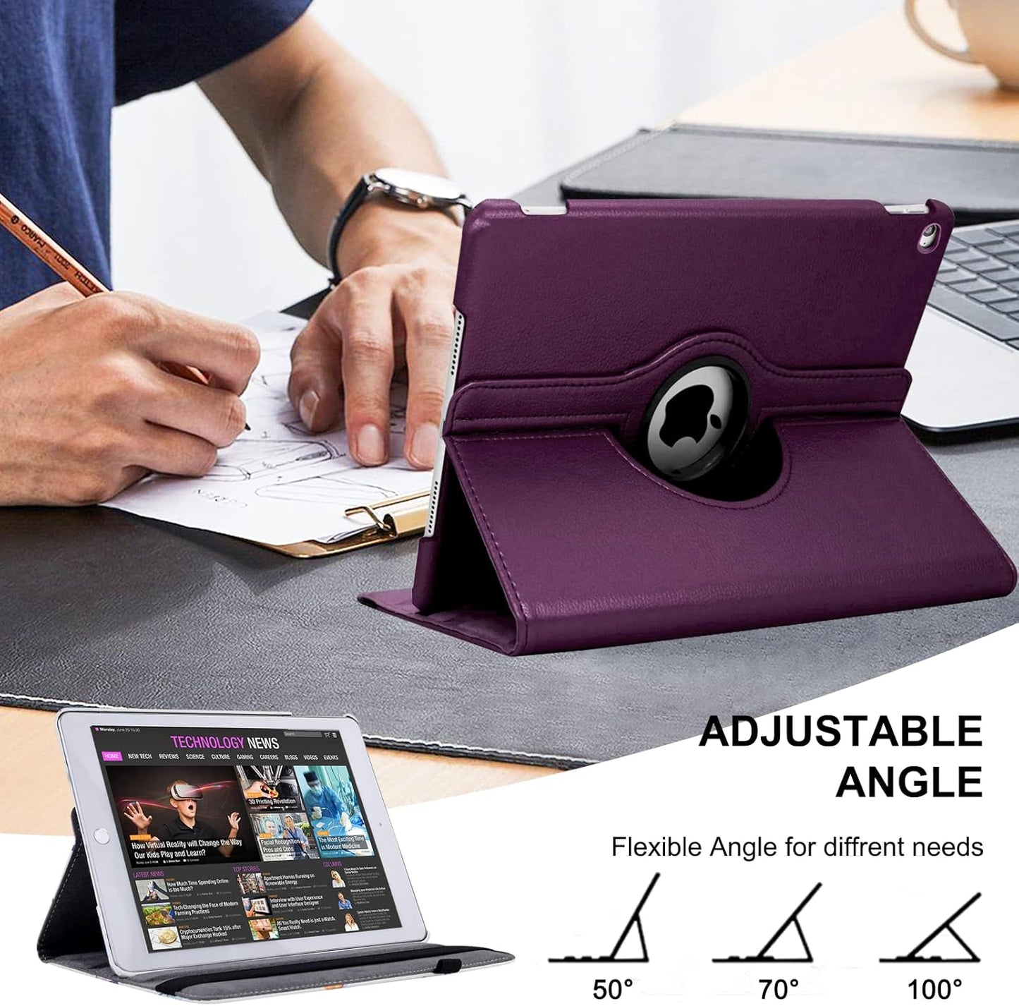 Rotating Case for Ipad 9.7 Inch 2018 2017 / Ipad Air 2 Case - 360 Degree Rotating Stand Protective Cover with Auto Sleep Wake for Ipad 9.7 Inch (6Th Gen, 5Th Gen) / Ipad Air 2/ Ipad Air (Purple)