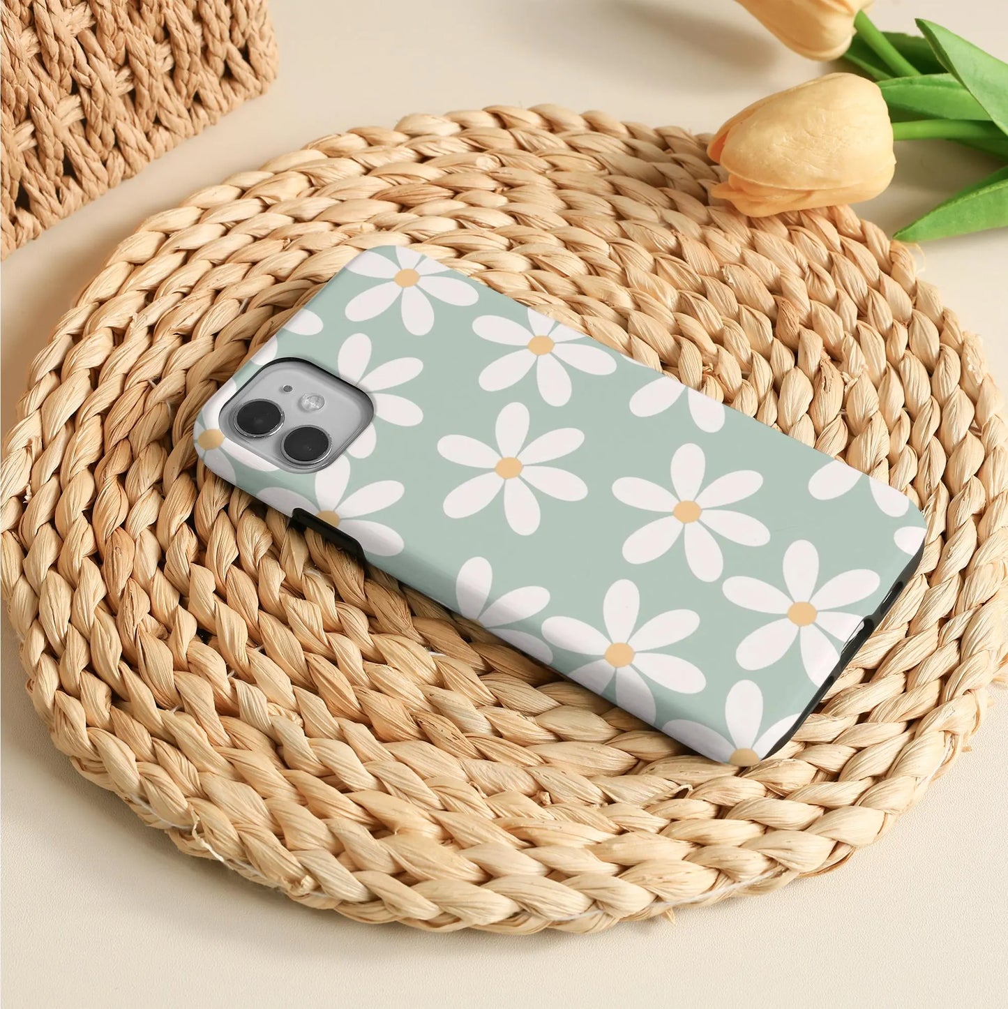 White Daisy Green Phone Case for Iphone 16 15 14 13 12 Pro Max, Iphone 16E, 15 14 Plus, Iphone 13 12 Mini, X XS XR SE, Iphone 11 Tough Cover