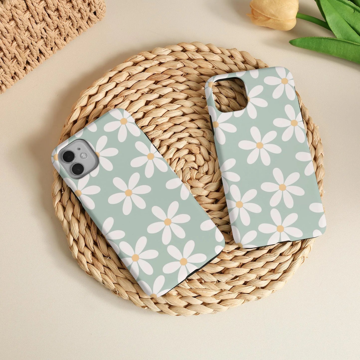 White Daisy Green Phone Case for Iphone 16 15 14 13 12 Pro Max, Iphone 16E, 15 14 Plus, Iphone 13 12 Mini, X XS XR SE, Iphone 11 Tough Cover